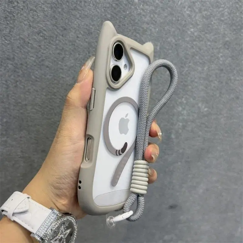 3D Cute Cat Ear Magsafe Case for iPhone 17 Pro 13 14 15 16 Plus 11 12 Pro Max Transparent PC Armor Cover with Wrist Strap Chain