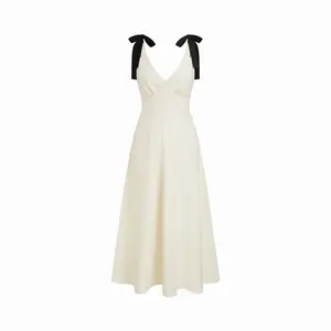 Cider Linen-blend Sweetheart Neck Bowknot Lace-up A-line Maxi Dress Dealsforyou