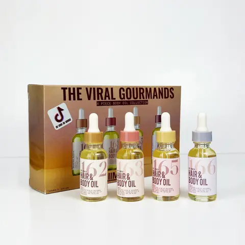 THE VIRAL GOURMANDS 4-Piece Hydrating Hair & Body Glow Oil Gift Set - Lightweight Hyaluronic Acid Blend with Sunflower Oils, Premium Nourishing Formula, Nontoxic Travel-Size Bath & Body Care Sampler for Soft Skin & Moisture Boost
