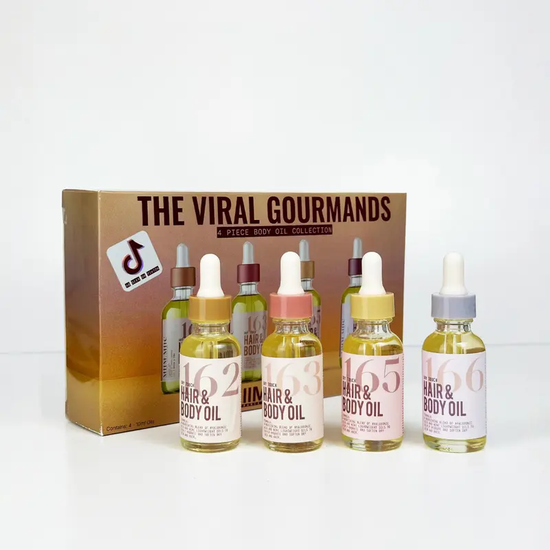 THE VIRAL GOURMANDS 4-Piece Hydrating Hair & Body Glow Oil Gift Set - Lightweight Hyaluronic Acid Blend with Sunflower Oils, Premium Nourishing Formula, Nontoxic Travel-Size Bath & Body Care Sampler for Soft Skin & Moisture Boost