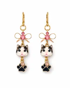 Handmade Whimsical White Kitten Earrings w/ Pink Bows and Black Paws by D.K. Tlustos