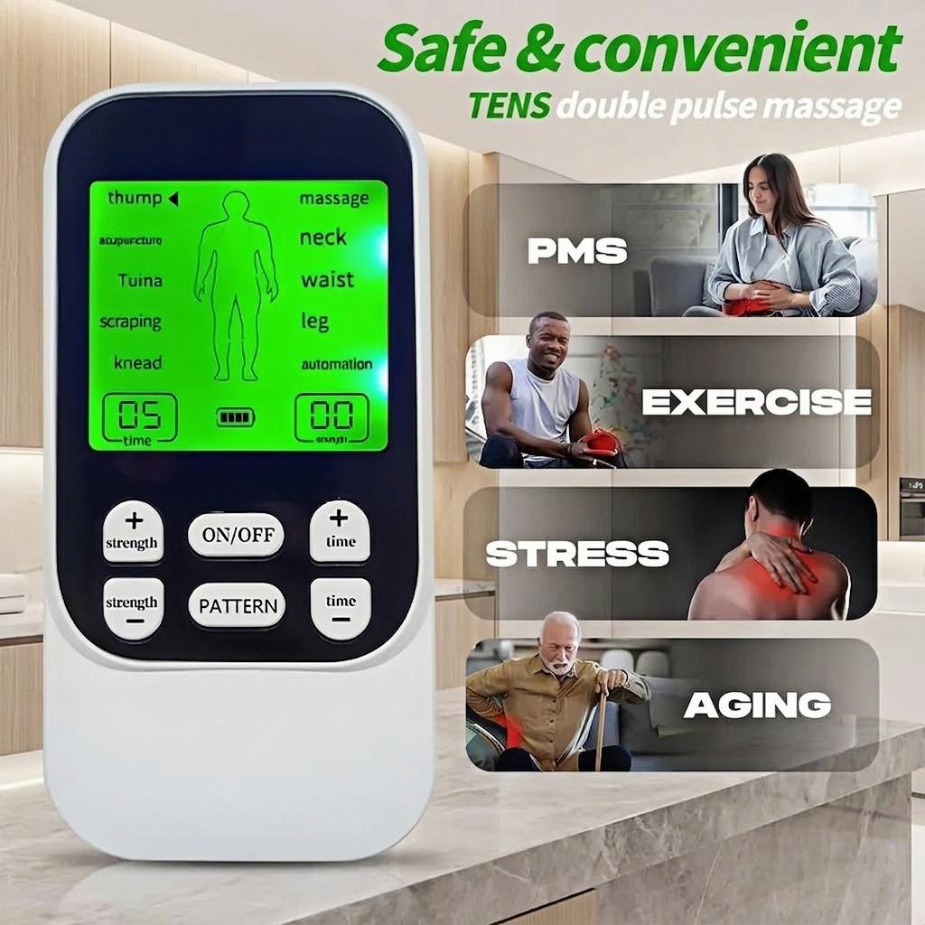 Muscle Massage Unit, 10 Modes Dual Channel, 30 Intensity Levels, Compact Rechargeable Body Massager with 4 Pads