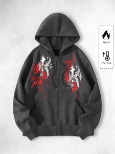 Y2K Dark Style Thorn Star Print Hoodie, Fall Winter Streetwear Zip-Up Open Front, Geometric Pattern Fitted Top for Men