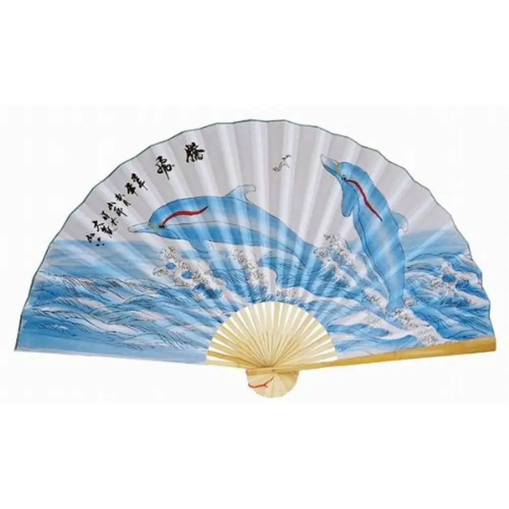 35in Handmade Bamboo Classic Chinese Feng Shui Decorative Wall Fan - Handcrafted Traditional Dolphin Motif Paintings, Nature Scene Art, Good Luck Prosperity Symbol, Cultural Art Piece, 35" Wall Presence Artwork, Collectible Office Decor