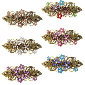 Hair Clips, 6 Pcs Vintage Flower Metal French Barrettes with Crystal Rhinestones, Sparkly Glitter Decorative Hair Clips, Retro Hair Pins and Snap Bridal Hair Accessories
