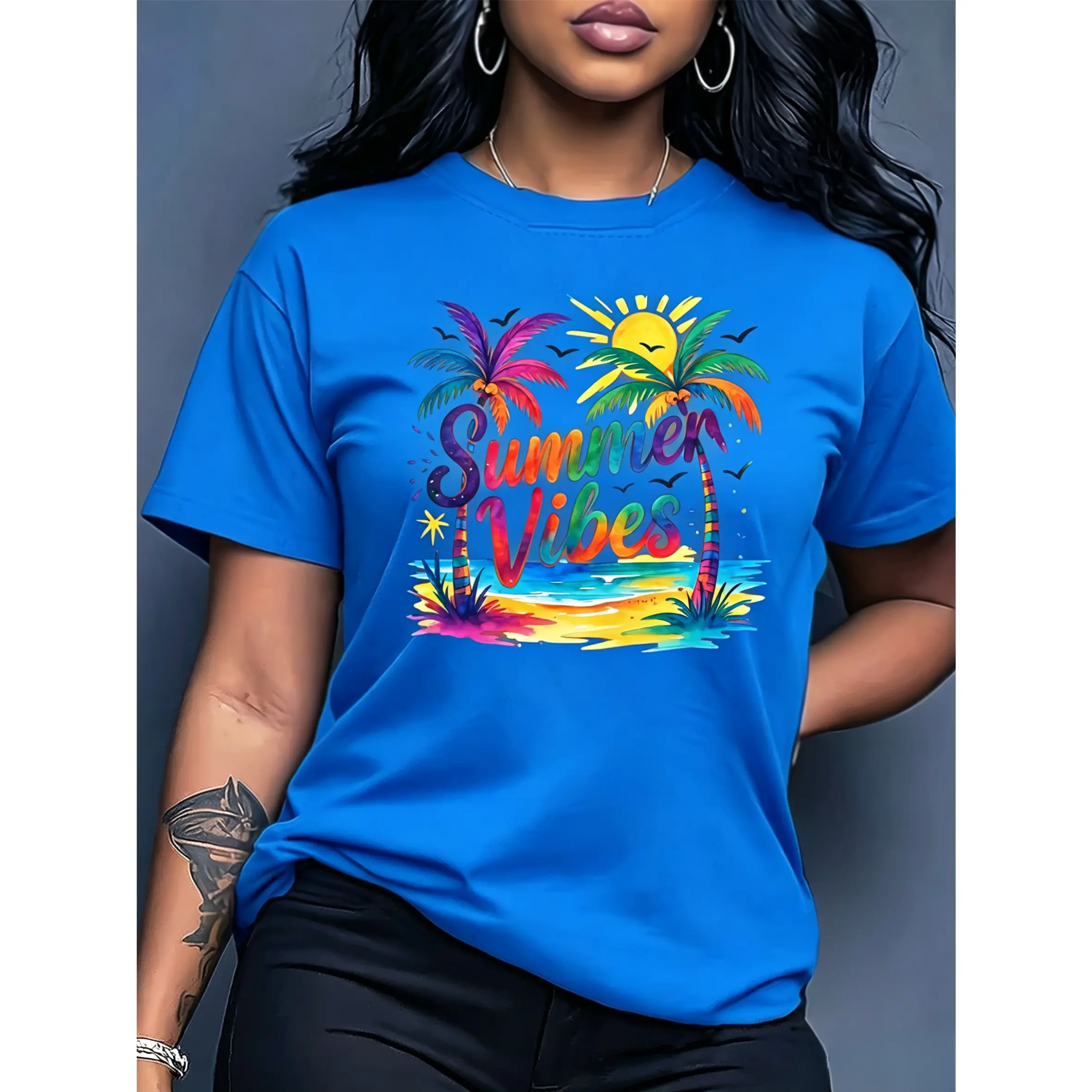 Women's Graphic T-Shirt, Classic Fit Short-Sleeve Top in 100% Cotton with Smooth Print for Casual Beach Wear & All Seasons, Shortsleeve, Tshirt, Oversized, Fabric, Asymmetrical, Basic, T Shirts For Women, Side Seamless, Digital Print, True-To-Size, Pure C