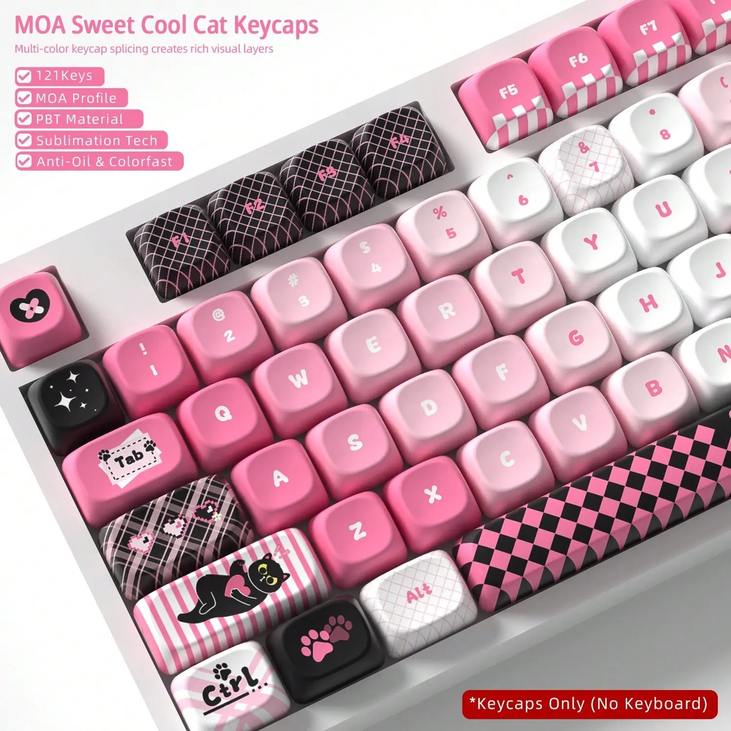 125-Key Full Set Of MOA-Height Keycaps: Black, Pink, And White Keycaps With A Kitten Theme-Custom Mechanical Keyboard Replacement Keycaps, Perfect As A Gift (For Mechanical Keyboards Only)