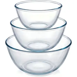 Borosilicate Glass Mixing Bowls, Set of 3 (2.8, 2.2, 1.1QT) - Heavy-Duty, Scratch Resistant & Lead-Free Oven, Microwave, Dishwasher & Freezer Safe Ideal for Meal Prep, Baking, Serving