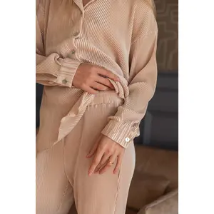 Pleats Please Set in Champagne - Women's Outfit with Button-Up Top and Pants, Comfortable Fabric for Girls
