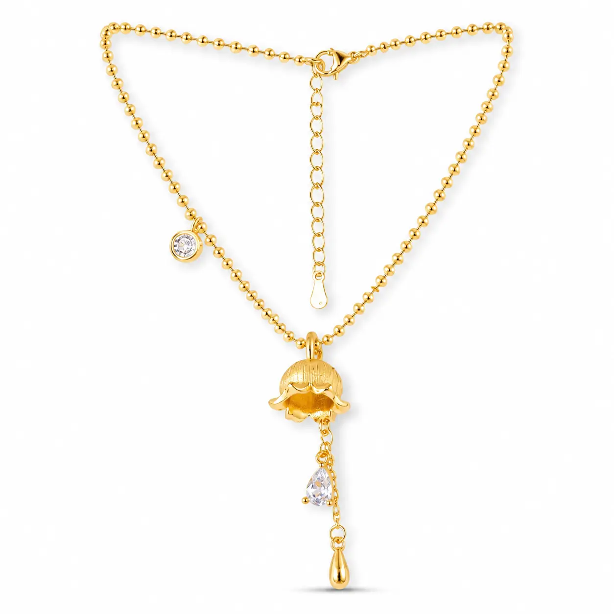 Traditional-style gold lily-of-the-valley pendant necklace featuring a brushed-finish floral design, teardrop element, and tassel-a New Chinese style piece for women.