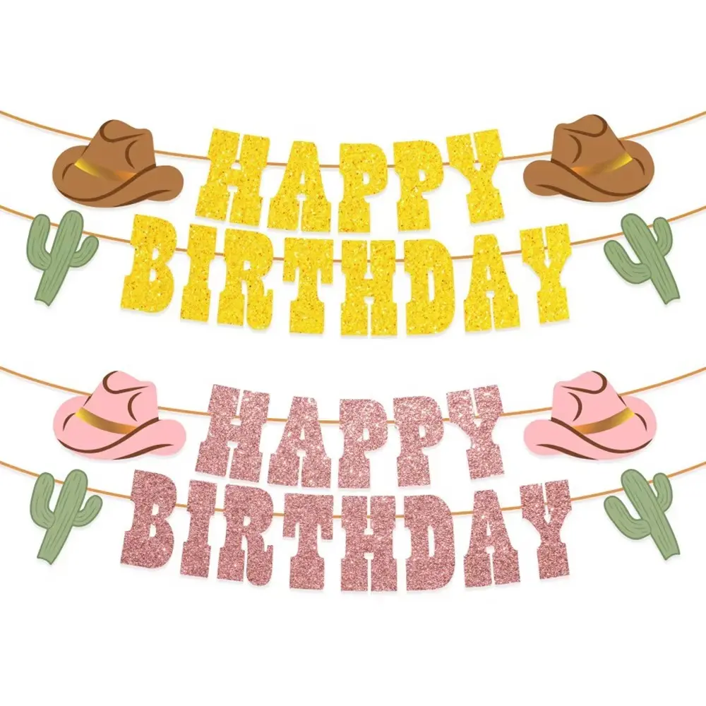 Western Happy Birthday Gold Glitter Decorative Banner - 5 Ft. | Cowboy HBD Decorations, Wild West Garland, Rodeo Supplies, Wild One Yeehaw Bday, Cowgirl Decor, Party Decorations Banners, Cactus Howdy Photobooth Backdrop, Hanging Banners