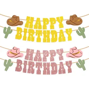 Western Happy Birthday Gold Glitter Banner - 5 Ft. | Cowboy HBD Decorations, Wild West Garland, Rodeo Supplies, Wild One Yeehaw Bday, Cowgirl Decor, Party Decorations Banners, Cactus Howdy Photobooth Backdrop, Hanging Banners