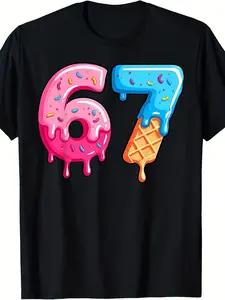 67 Number Meme T-Shirt - Funny 67 Ice Cream Drip Design with 6 & 7 Digits, Casual Round Neck Tee for Parties, & Casual Attire - Humorous 67th Gift Idea (Machine Washable)