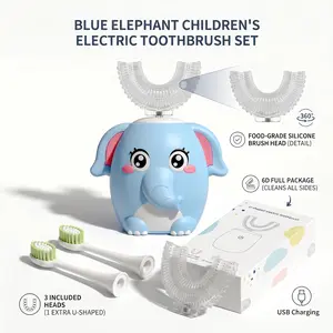 Kids Electric Toothbrush U Shaped auto brush Children Rechargeable Sonic Toothbrush Toddler baby toothbrushes kit travel toothbrush kids gift Oral Care Tools Dental Cleaner Blue Elephant (2-6 Years Old) Christmas gift