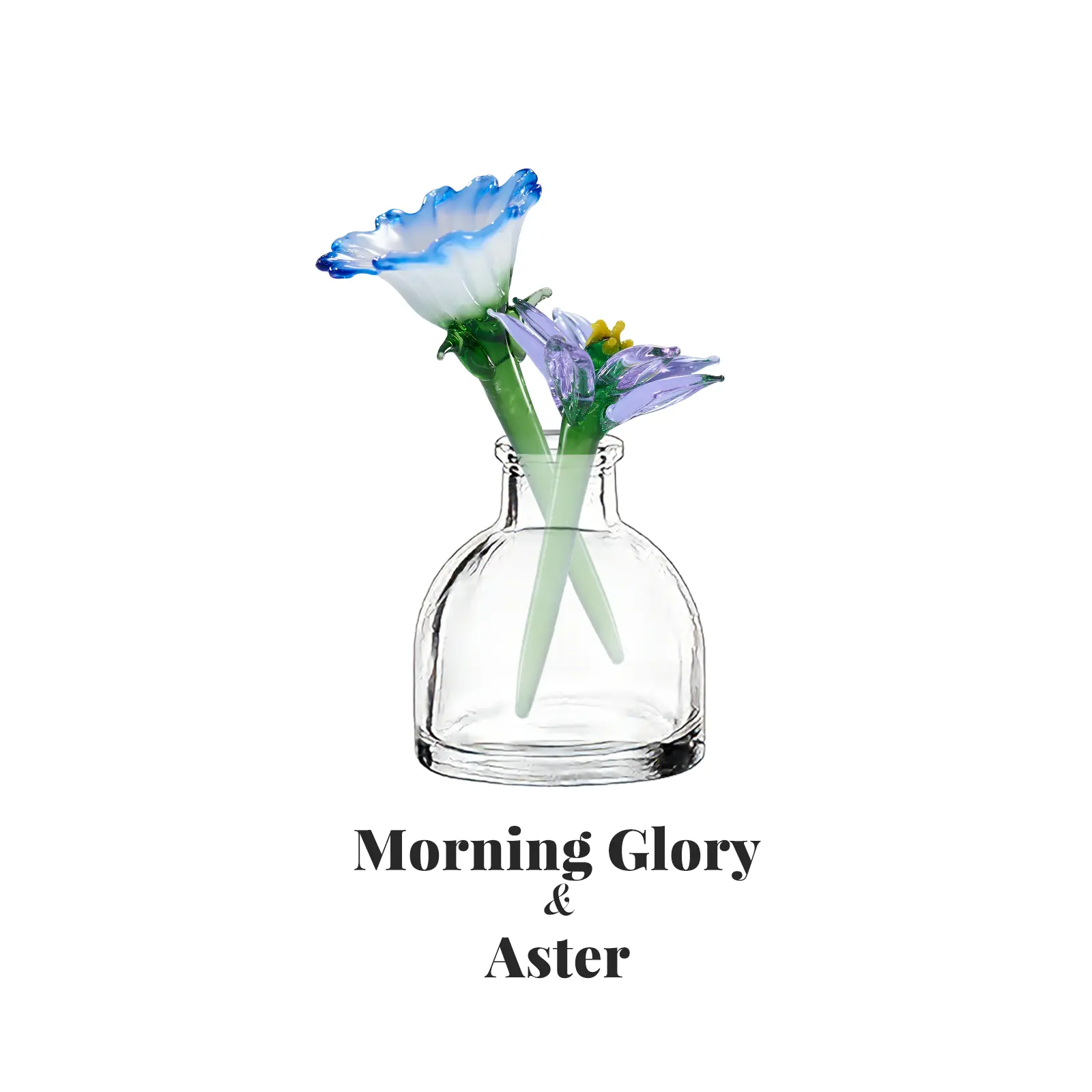September Birth Flower Glass Morning Glory & Aster Set with Mini Vase, Handmade Flower Bouquet, 2 Stems + 1 Vase, Forever Floral Desk Decor, Birthday Gift for Her, Mom, Wife, Sister, Best Friend, Home Office Shelf Decor