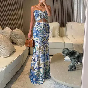 ChicMe Women's Tropical Floral Bandeau Dress Sexy Drawstring Cutout Shirred Waist Mermaid Dress Ruffle Hem Vacation Maxi Dress