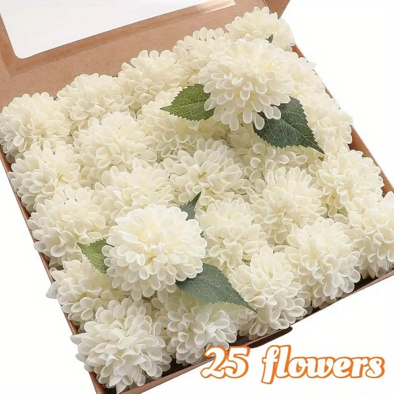 25pcs Pre-Stemmed Photorealism Foam Roses - Ivory Realistic Decorative Artificial Flowers with Dahlia, Easy to Arrange for DIY, Wedding Bouquets, Party Tables Floral Home Decor