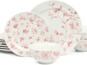 Empress Bouquet 12 Piece Decorated Porcelain Dinnerware Plates and Bowls Set - Pink Floral, Service for 4 (12pcs)