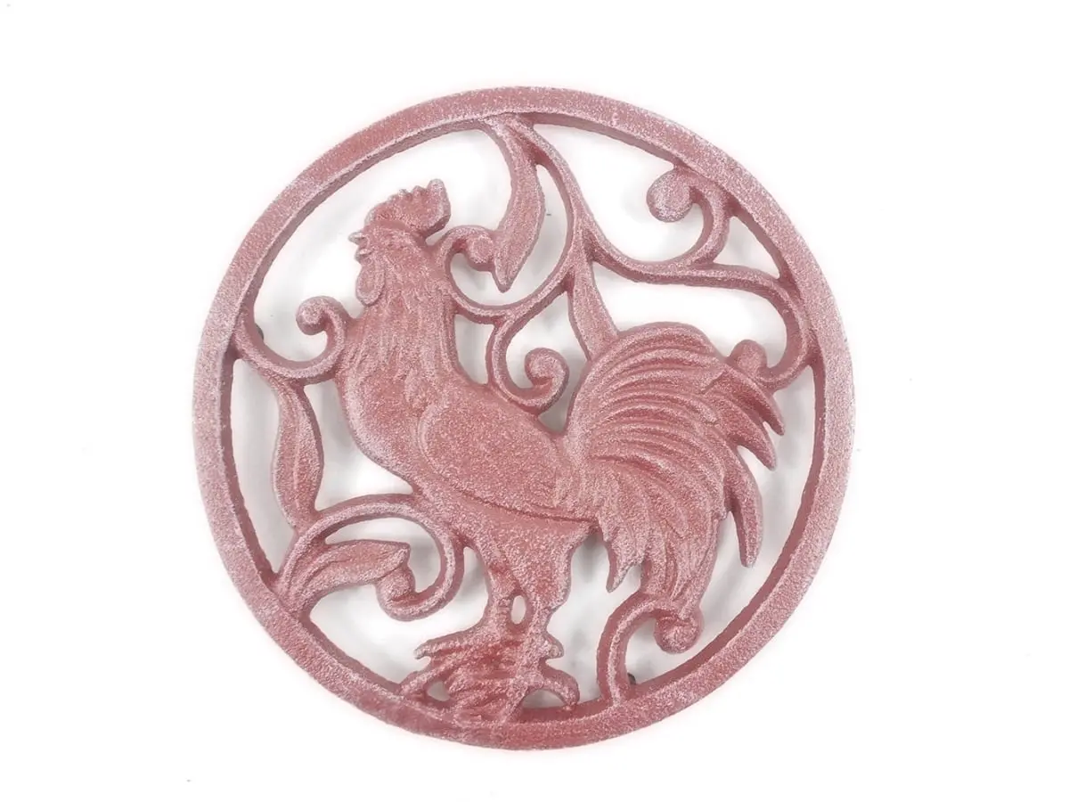 212 MAIN Handcrafted Cast Iron Rooster Trivet (Model 0239-ww-red) - 8x8x1 in Rustic Red Whitewashed Home Decor Statue for Kitchen Use, Rooster Motif Trivets
