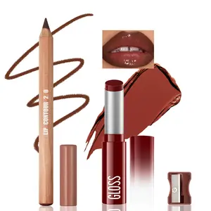 2PCS Lip Liner and Lipstick Combo Set,Waterproof Lip Liner & Long Lasting Lipstick Combo Set for Women - Matte Lipliner Pencil & Hydrating Lip Gloss Makeup Kit for Daily Use