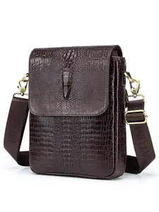 Men's Business Crocodile Embossed Crossbody Bag, Vintage Cowhide Leather Clutch Shoulder Bag for Daily Used, Casual Trendy Versatile High-quality Daily Commuting Bag, Genuine Leather Clutch