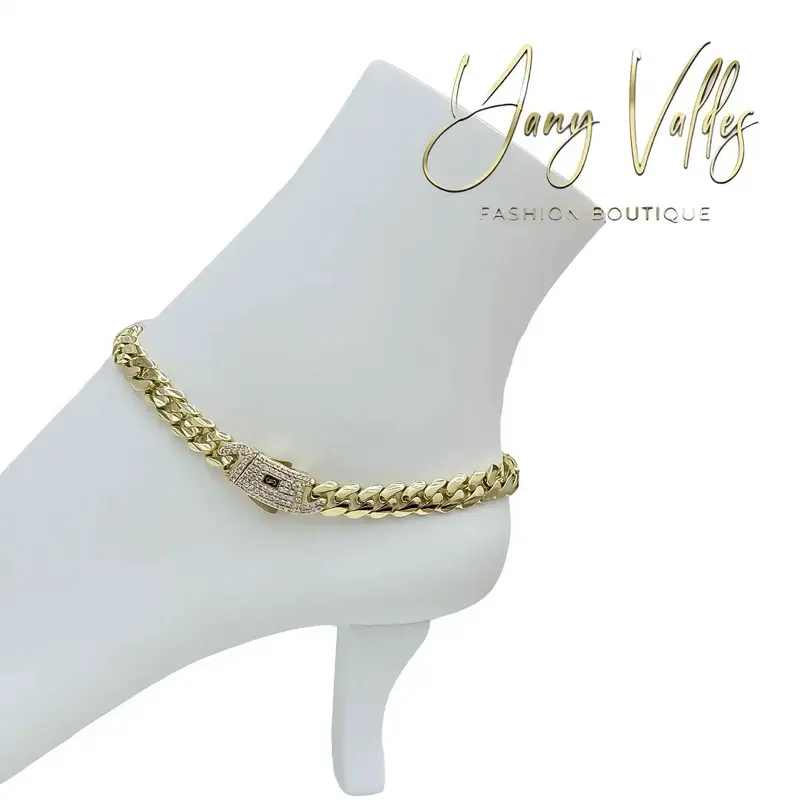 8mm Cuban Link Anklet, 10” Length – Gold Laminated Finish with CZ Stone Clasp