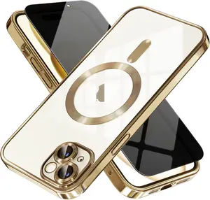 Magnetic for iPhone 15 Case with Privacy Screen Protector & Full Camera Cover,[Non-Yellowing] Shockproof Clear Phone Case Compatible with MagSafe Women Girls for iPhone 15,Gold