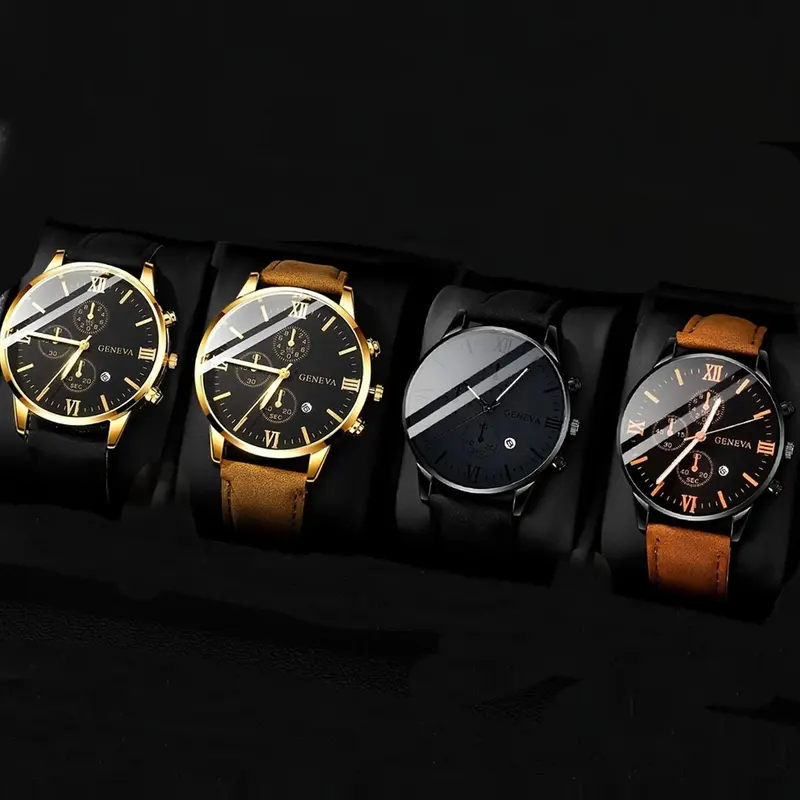 Men's Fashion Watch Set, Casual Round Dial Quartz Watch with PU Leather Strap, Trendy Watch Set for Party, Daily Decor, Exquisite Watch Set for Gift, Modern Fashionable Wristwatch, Fashionable Watches
