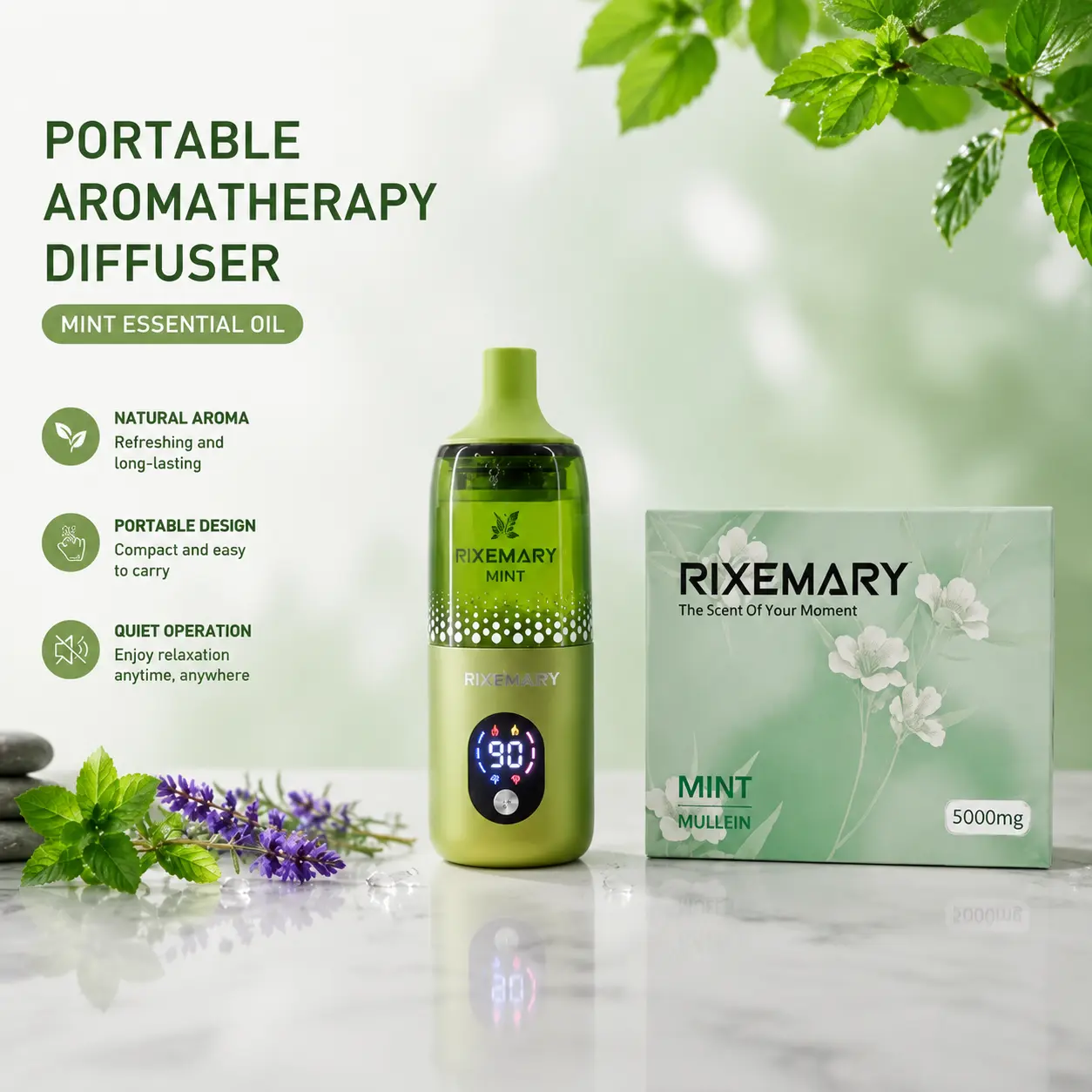 The mint aromatherapy diffuser is suitable for travel, office, and car use. It