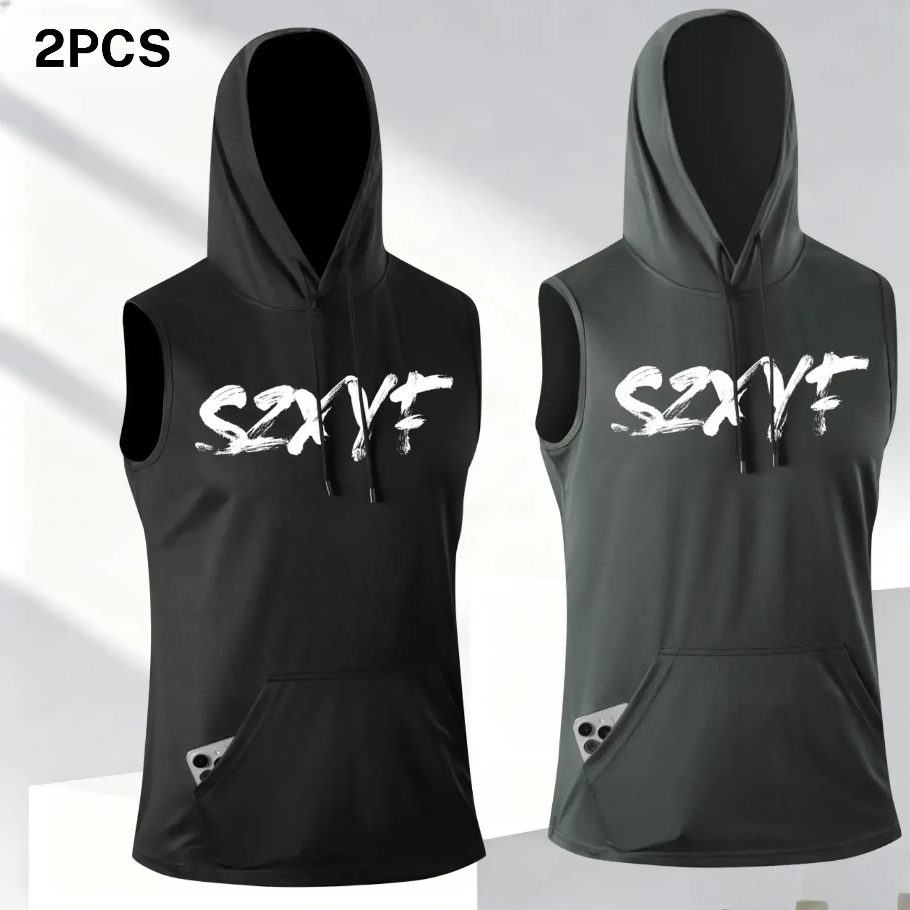 Men's two piece letter print hoodie tank top, casual street style, drawstring hood design adds a relaxed feel, side pocket convenient for daily items, sleeveless fit keeps it cool and comfortable, suitable for men who enjoy a casual street look for everyd