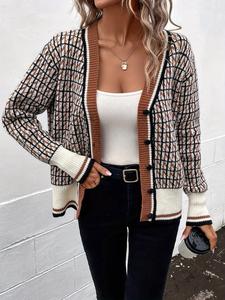 women's all over print button front cardigan, womenswear fitted knitting tops, comfort breathable casual drop shoulder longsleeves knitwear for fall, cardigan for women, preppy 80s clothes