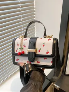 Cherry Print Satchel Handbag, Hand Shoulder Bag with Cherry Pendant Charm, Elegant Women's Purse for Parties & Daily Use, Perfect for Office & Casual