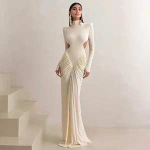 Valentine's Day 2026 Winter New Women's High-neck Fitted Long-sleeved Backless Solid Color Party Dress for Formal Events & Winter Weddings Elegance Style Milk Shreds Material sleeve flounce black  hocodress fashionable bodycon dress chic