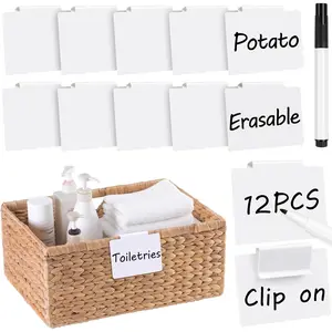 12pcs White Basket Labels, 3.5x2.7 Clip On PVC Labels with Pen for Storage Bins, Removable Label Holders, Regular