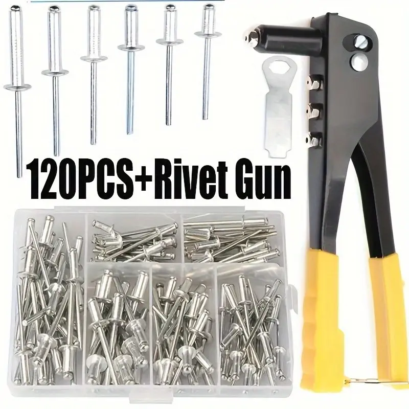 121pcs Manual Heavy Duty Rivet Gun Set with 120 Pieces, Durable Metal Alloy Hand Tools Hardware for Solid Metal Connections, Industrial & Home Use