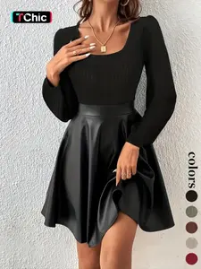 New European Style Casual Women's Striped Patchwork A-Line Dress, Elegant Long Sleeve Maxi Dress, Perfect for Spring & Fall Seasons