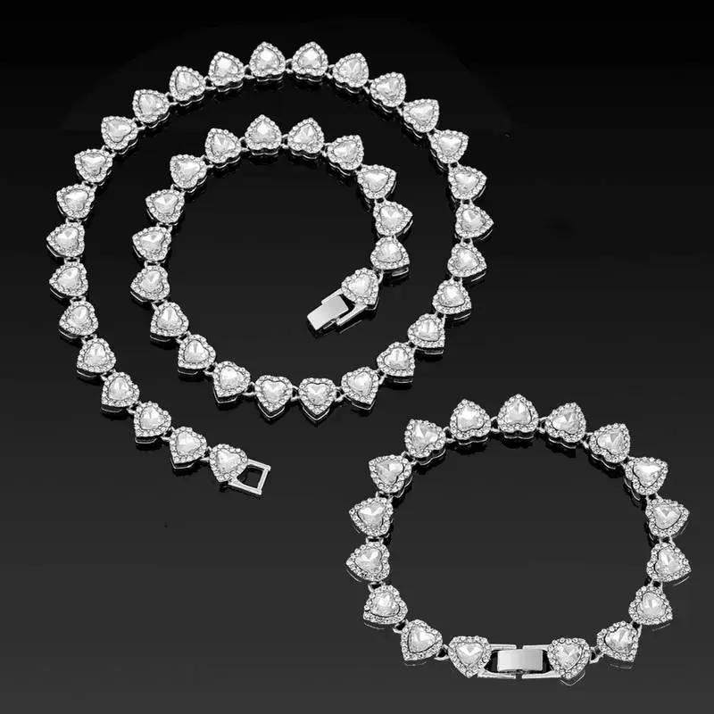 Sicbumi 2PCS Cuban Rhinestone Hearts Necklace and Bracelet Combination Set, Silver/Gold Necklace For Women Clear Crystal Jewelry for Daily Wear