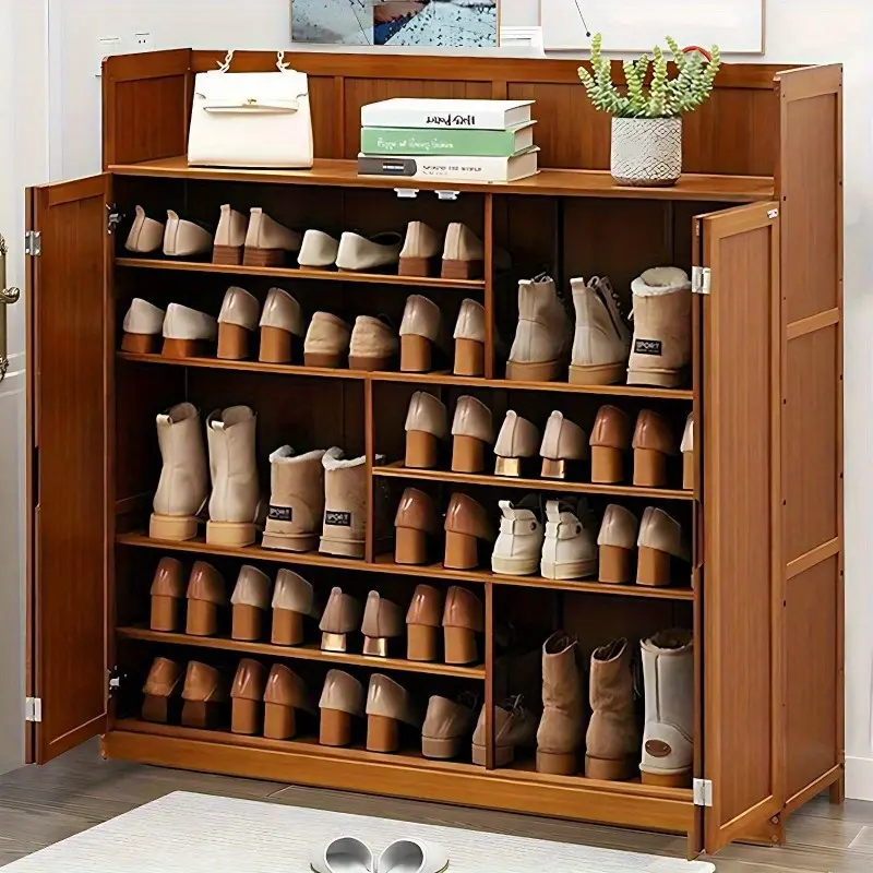 Home Essentials 7 Tier Bamboo Shoe Cabinet with 2 Folding Doors, 36-40 Pairs Freestanding Shoe Storage Cabinet, Entrance Shoe Rack, Brown, 46" L x 13" W x 45.3" H