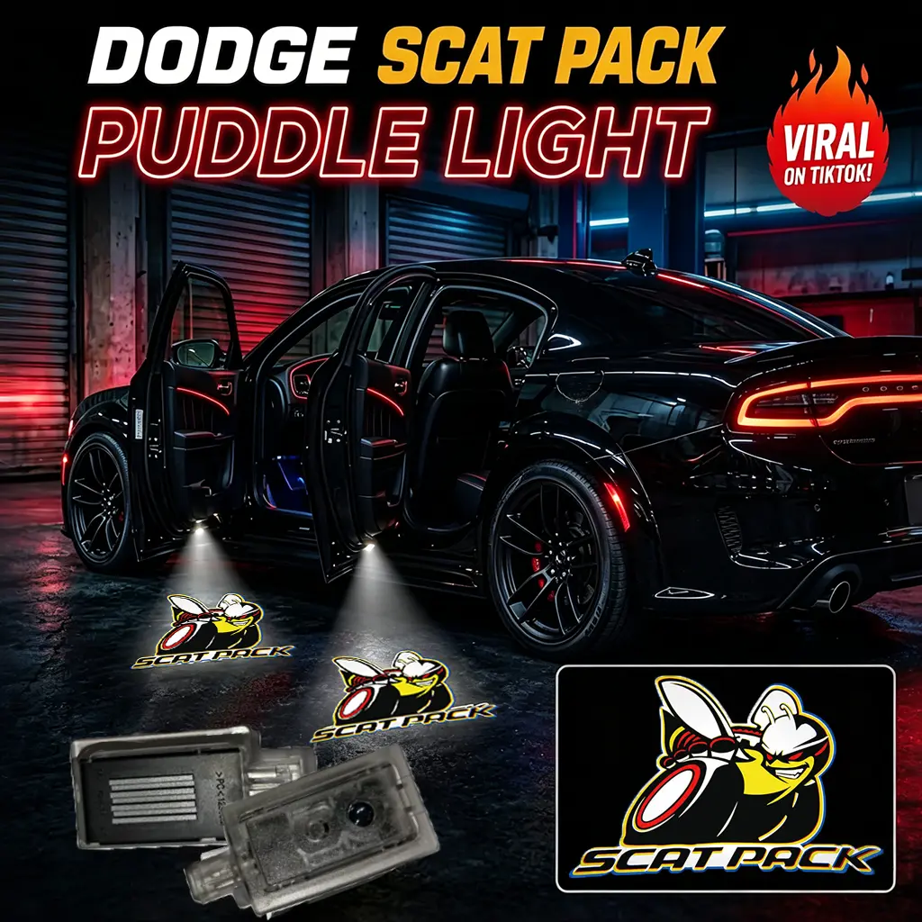 Upgraded Custom LED Door Puddle Lights Set - 2pcs/4-pack Car Interior Decor, HD Logo Projector, Plug-N-Play OEM Connectors, Vehicle-Specific for Dodge Charger/Challenger, Chrysler 300 SRT Hellcat Scat Pack R/T, No-Fade Ghost Shadow Welcome Accessory, 2Pcs