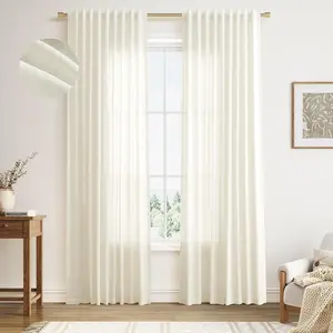 Warm Beige Linen Curtains 84 Inches Long Back Tab for Living Room 2 Panels Modern Farmhouse Set Hook Belt Linen Curtain Sheer Light Filtering Privacy Elegant Window Drapes for Dining Room 52x84