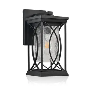 Black Outdoor Wall Lantern with Crackled Glass Modern Weather-Resistant E26 Base Porch Light for Patio Garage Hallway Entryway Soft Lighting Effect