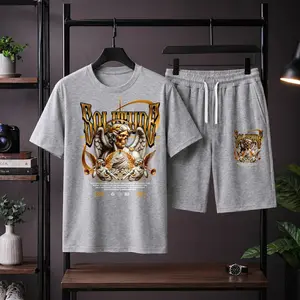 Men's Solitude Graphic T-Shirt and Shorts Set, Casual Short Sleeve Tee and Drawstring Shorts 2 Piece Outfit, Breathable Summer Streetwear, Vintage Angel Skull Print Matching Set for Daily Wear