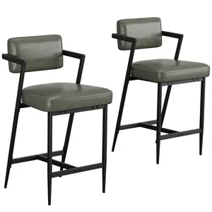 Upholstered Bar Stools with Armrests & Backrest – Counter Height Lounge Chairs, Thick Cushion, Footrest & Sturdy Metal Legs, Rustic Green, Comfortable Seating for Kitchen Island or Home Bar, Set of 2