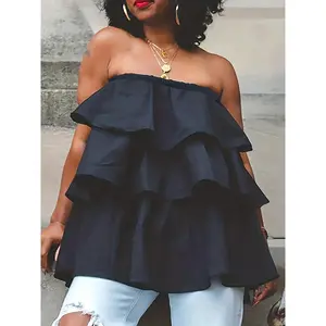 Sexy plus size women's solid elastic tube top-layered ruffle trim slight stretch Polyester Womenswear