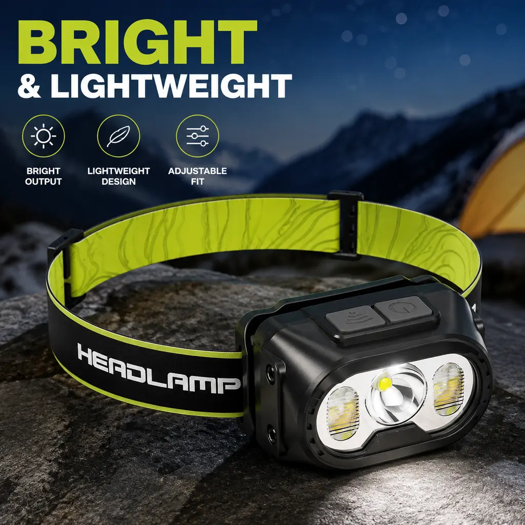 USB Rechargeable LED Headlamp with Motion Sensor, Adjustable Elastic Headband, Hands‑Free Head Light for Camping, Hiking, Running, Fishing and Night Work