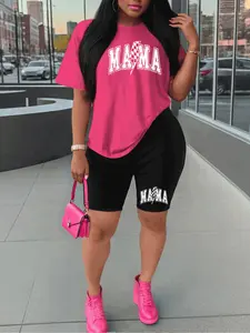 Summer New Women's Casual Short Sleeve and Shorts Set, Stylish MAMA Print for Outdoor Sports, Comfortable Fitted Sportswear for Women
