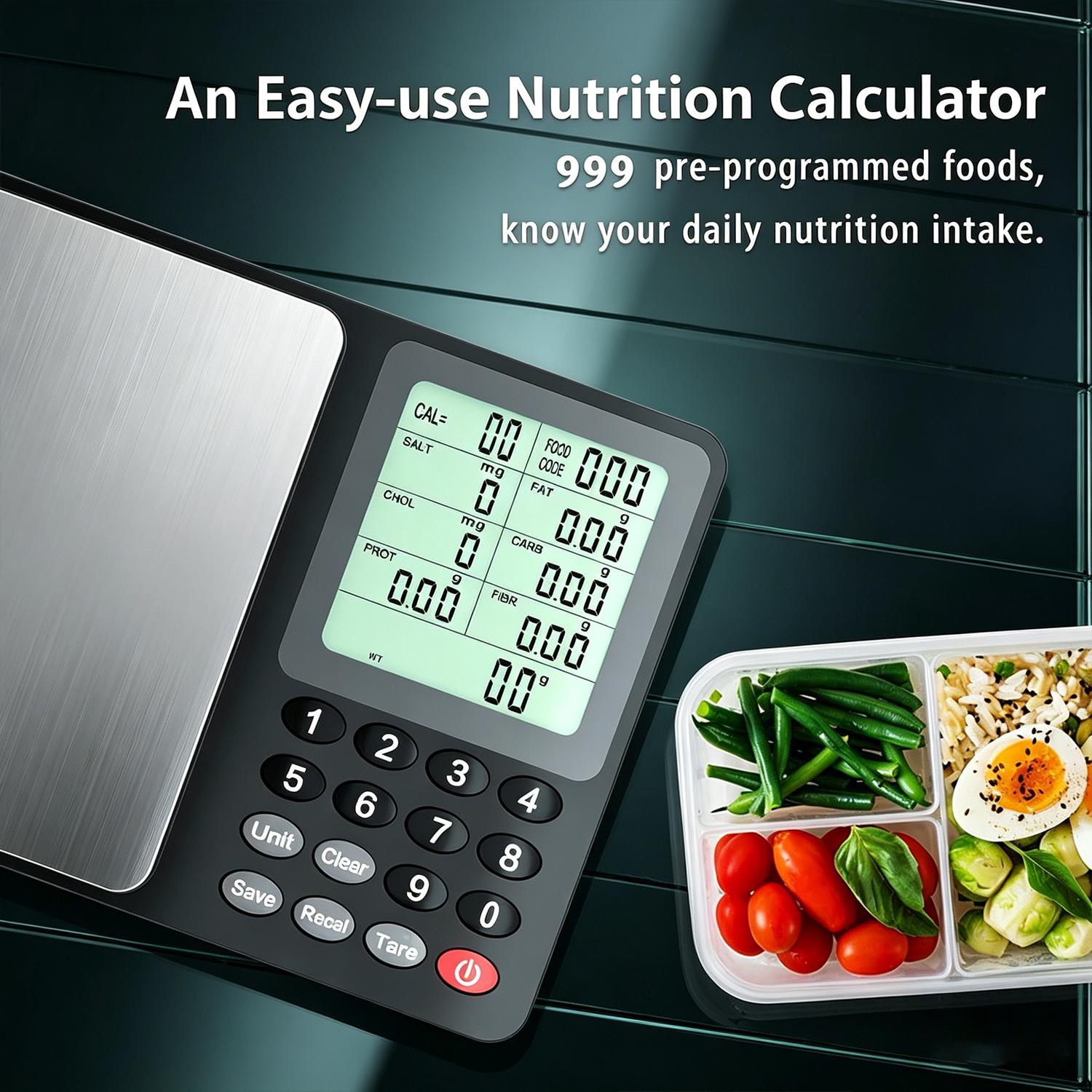 Portable Digital Kitchen Scale, 3kg/0.1g Digital Nutrition Scale with Nutrient Composition & Calorie Calculator, Diet Management Food Scale with Stainless Steel Weighing Pan, 999 pre-programmed foods Measuring Tool (Batteries Included)