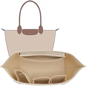 Purse Organizer Insert Compatible with Longchamp Le Pliage Large and More, Felt Zipper Long Champ Bag Organizer Insert with Cup Holder, Women Tote Hangbags Shaper with 8 Compartments (Beige,L)