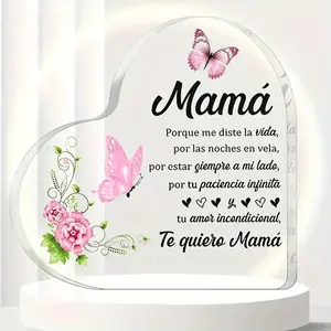 Butterfly & Flower Pattern Acrylic Heart Shaped Ornament, 1 Count Spanish Mom Acrylic Heart Keepsake, Perfect Gift for Mother's Day, Birthdays & Special Occasions, Decor,Gifts For Women, Acrylic Plaque Sign