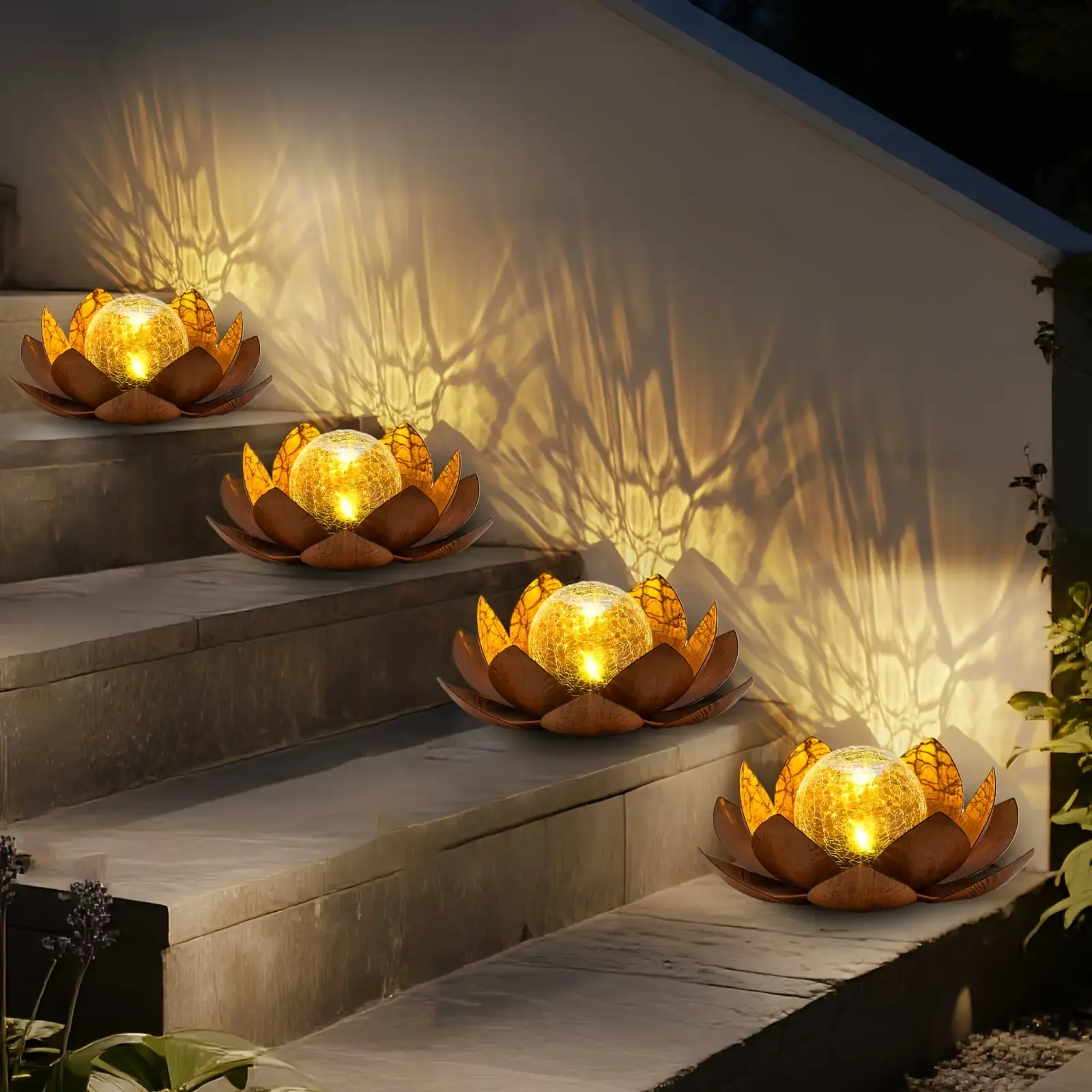 Solar Outdoor Waterproof Lotus Lamp with Solar Power System - Aesthetic Metal Crackle Glass Garden Decor, for Living Rooms, Balconies, Father's Day Gift